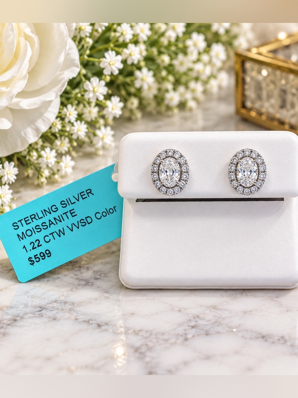 NWT Sterling Silver Moissanite Oval Halo Stud Earrings 1.22 CTW